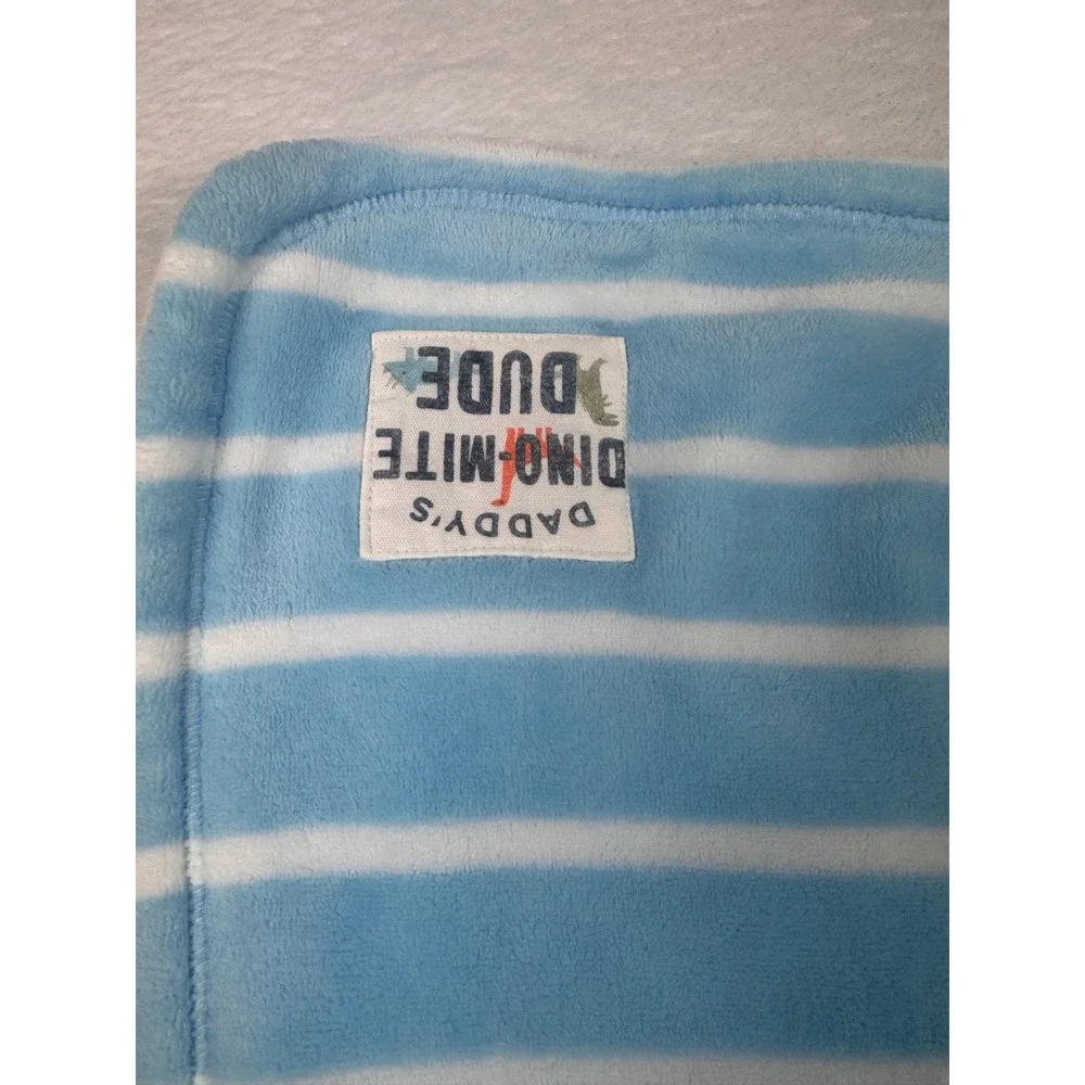 Carter's Blue White Striped Daddy's Dino-Mite Dude Plush Baby Blanket 28x39